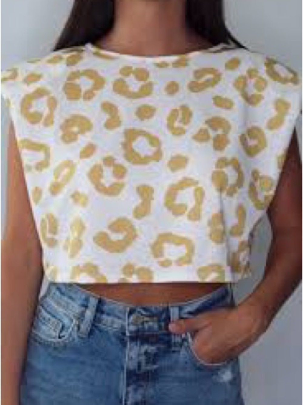 Peach Love California White Crop Top with Gold Leopard Print and Shoulder Pads